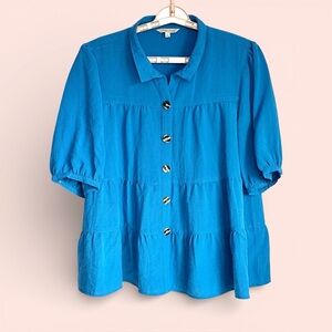 John Mark Women Tiered Tunic Top Sz L Blue Button Front Coastal Cottage Peasant